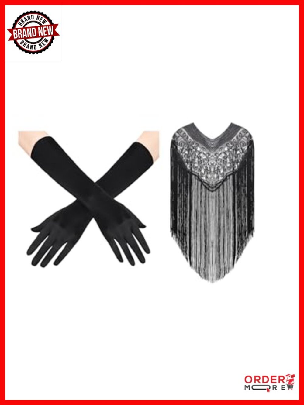 Opera Length Satin Gloves with Sequin Embroidered Fringed Shawl